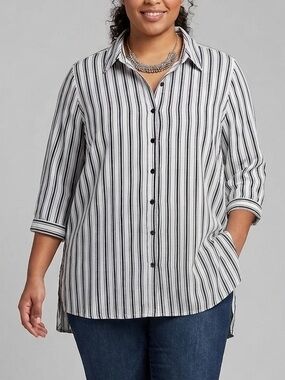 😍SHOW SPECIAL PENNINGTONS White Striped Long Sleeve Shirt Corset Lace Side 1X